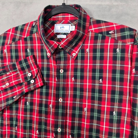 Southern Tide Shirt Mens Large Classic Fit L/S Red plaid Yetti Big Foot AOP - Picture 1 of 11